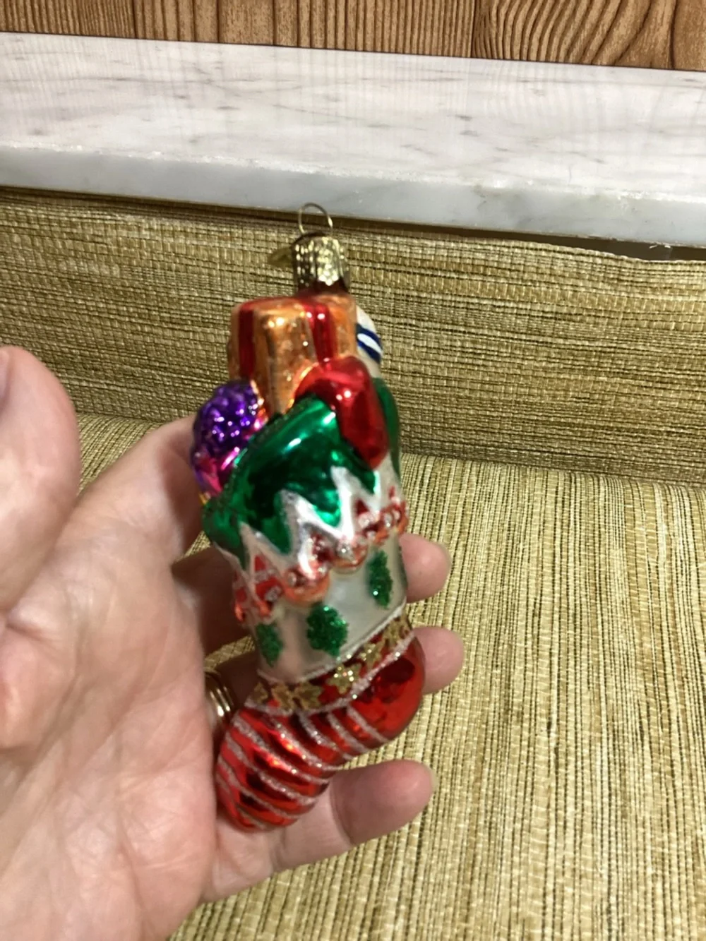 Glass Christmas Stocking Ornament with Santa Design - Red, Green, White